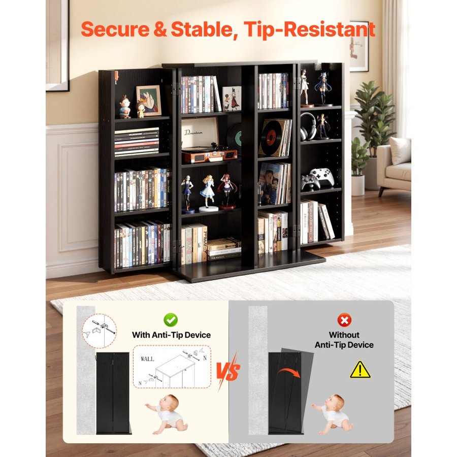 VEVOR Media Storage Cabinet, 4-Tier DVD Shelf Organizer, 610 x 368 x 846 mm Multimedia Storage Organizer for CDs, DVDs, Books, Games, CD Shelf for Living Room, Home Office, Recording Room, Black
