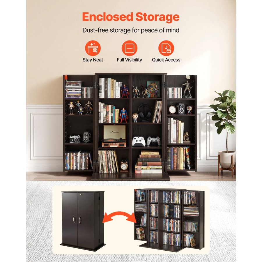 VEVOR Media Storage Cabinet, 4-Tier DVD Shelf Organizer, 610 x 368 x 846 mm Multimedia Storage Organizer for CDs, DVDs, Books, Games, CD Shelf for Living Room, Home Office, Recording Room, Brown
