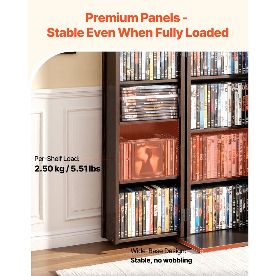 VEVOR Media Storage Cabinet, 4-Tier DVD Shelf Organizer, 610 x 368 x 846 mm Multimedia Storage Organizer for CDs, DVDs, Books, Games, CD Shelf for Living Room, Home Office, Recording Room, Brown