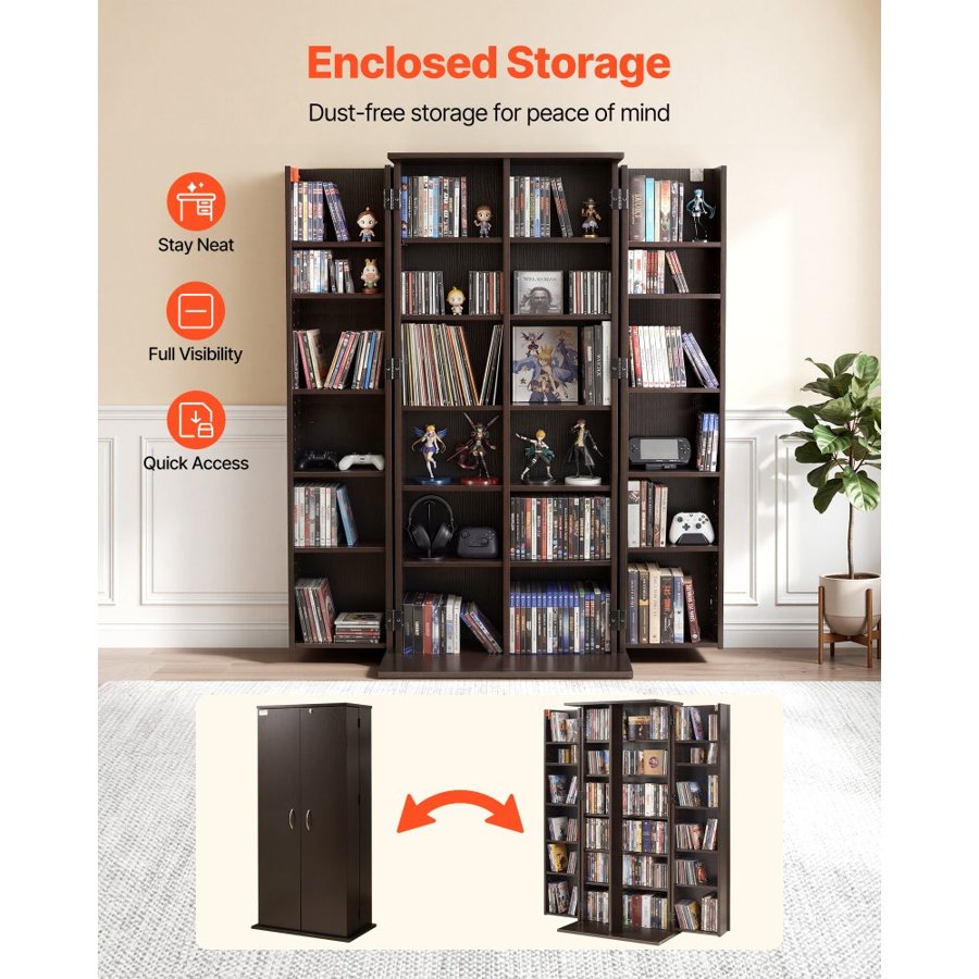 VEVOR Media Storage Cabinet, 6-Tier DVD Shelf Organizer, 610 x 368 x 1270 mm Multimedia Storage Organizer for CDs, DVDs, Books, Games, CD Shelf for Living Room, Home Office, Recording Room, Brown