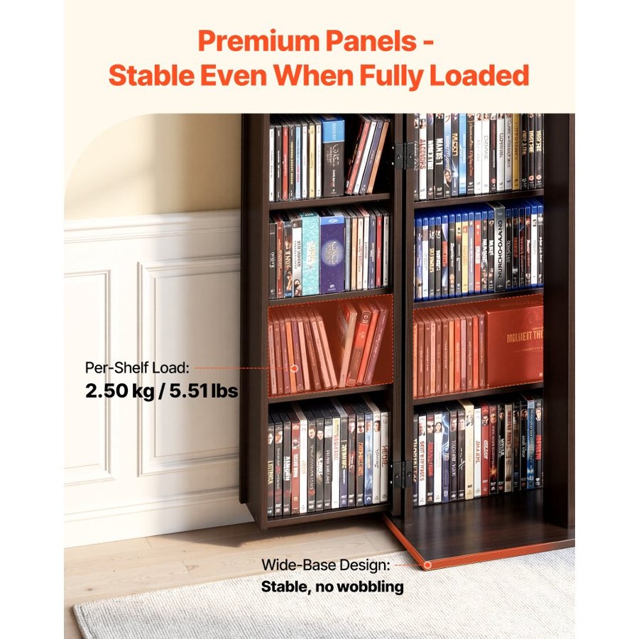 VEVOR Media Storage Cabinet, 6-Tier DVD Shelf Organizer, 610 x 368 x 1270 mm Multimedia Storage Organizer for CDs, DVDs, Books, Games, CD Shelf for Living Room, Home Office, Recording Room, Brown