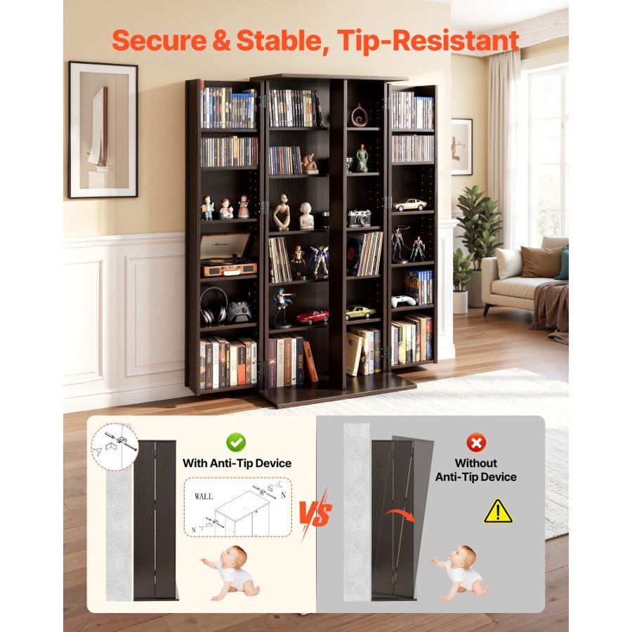 VEVOR Media Storage Cabinet, 6-Tier DVD Shelf Organizer, 610 x 368 x 1270 mm Multimedia Storage Organizer for CDs, DVDs, Books, Games, CD Shelf for Living Room, Home Office, Recording Room, Brown