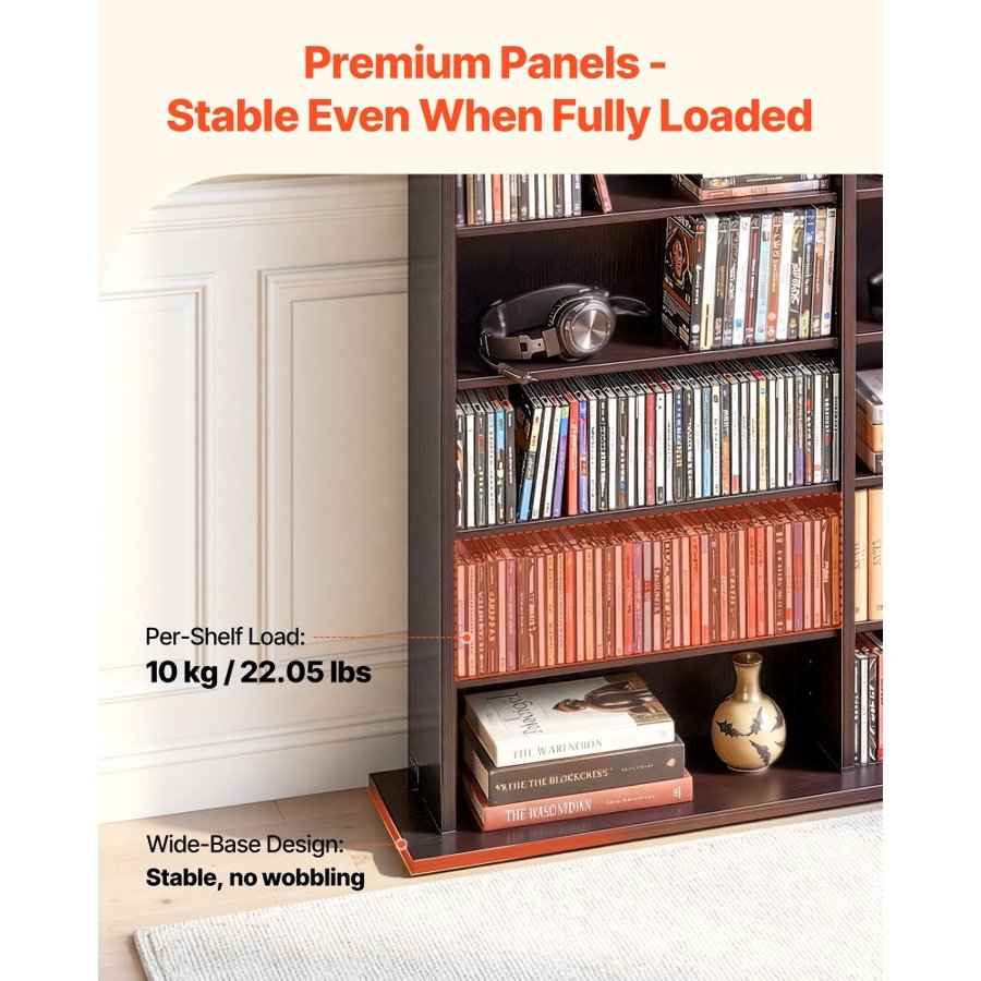 VEVOR Media Storage Cabinet, 8-Tier DVD Shelf Organizer, 142 x 22 x 130 cm Multimedia Storage Organizer for CDs, DVDs, Books & Games, CD Shelf for Living Room, Home Office, Recording Room, Brown
