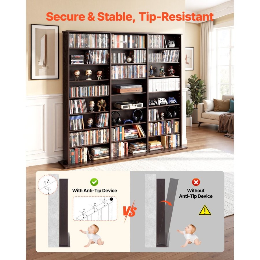 VEVOR Media Storage Cabinet, 8-Tier DVD Shelf Organizer, 142 x 22 x 130 cm Multimedia Storage Organizer for CDs, DVDs, Books & Games, CD Shelf for Living Room, Home Office, Recording Room, Brown
