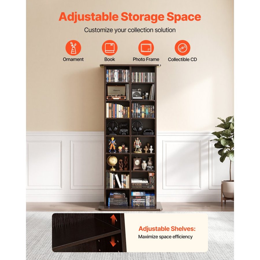 VEVOR Media Storage Cabinet, 8-Tier DVD Shelf Organizer, 559 x 222 x 1295 mm Multimedia Storage Organizer for CDs, DVDs, Books and Games, CD Shelf for Living Room, Home Office, Recording Room