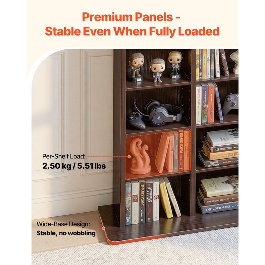 VEVOR Media Storage Cabinet, 8-Tier DVD Shelf Organizer, 559 x 222 x 1295 mm Multimedia Storage Organizer for CDs, DVDs, Books and Games, CD Shelf for Living Room, Home Office, Recording Room