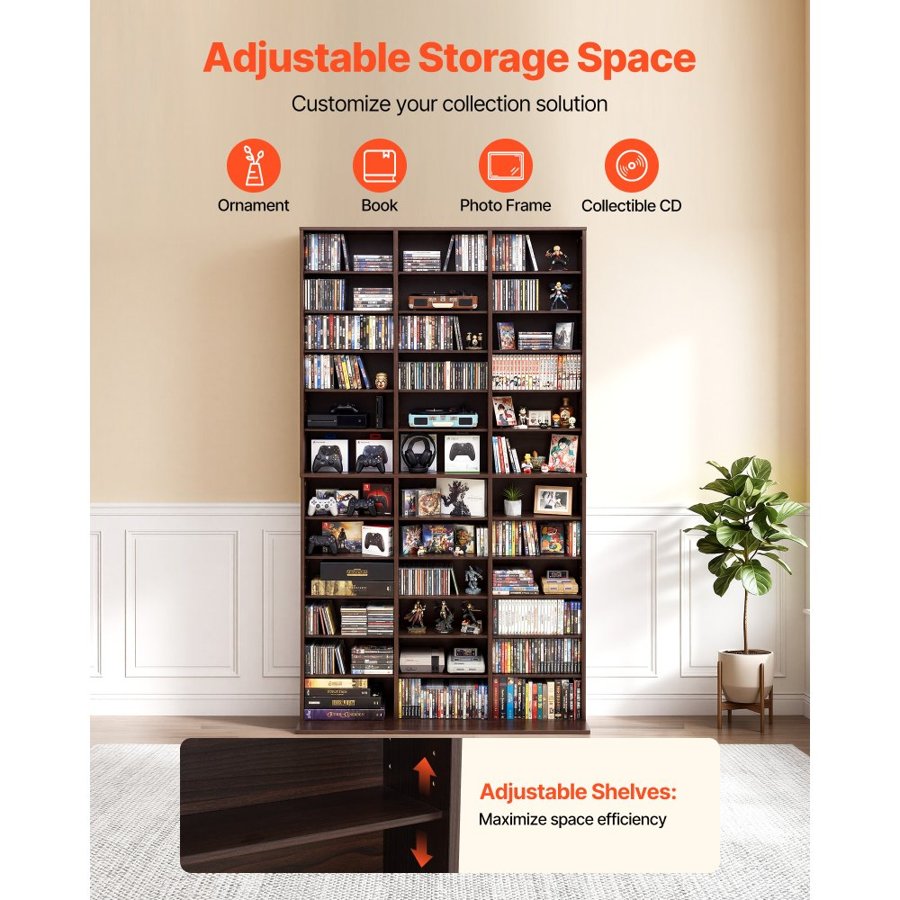 VEVOR Media Storage Cabinet, 12-Tier DVD Shelf Organizer, 101.8 x 23.1 x 181 cm Multimedia Storage Organizer for CDs, DVDs, Books and Games, CD Shelf for Living Room, Home Office, Recording Room