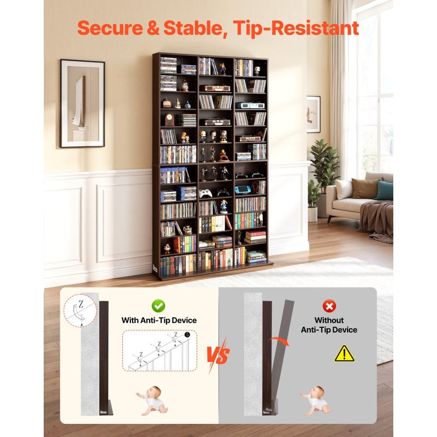 VEVOR Media Storage Cabinet, 12-Tier DVD Shelf Organizer, 101.8 x 23.1 x 181 cm Multimedia Storage Organizer for CDs, DVDs, Books and Games, CD Shelf for Living Room, Home Office, Recording Room
