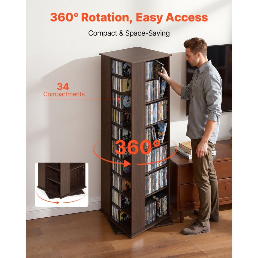 VEVOR Media Storage Cabinet, CD Rack Tower, 34 Compartments Rotating Media Tower Rack for CDs, DVDs, Books and Game Discs, DVD Stand for Living Room, Home Office and Recording Room, Brown