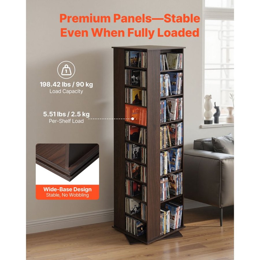 VEVOR Media Storage Cabinet, CD Rack Tower, 34 Compartments Rotating Media Tower Rack for CDs, DVDs, Books and Game Discs, DVD Stand for Living Room, Home Office and Recording Room, Brown