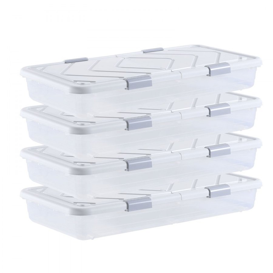 VEVOR Under Bed Storage with Wheels, 805 x 396 x 175 mm Underbed Containers, Underbed Shoes Organizer with Lid and Gray Latch, Rolling Under the Bed Storage Bins for Clothes Shoes Blankets, 4 Pack