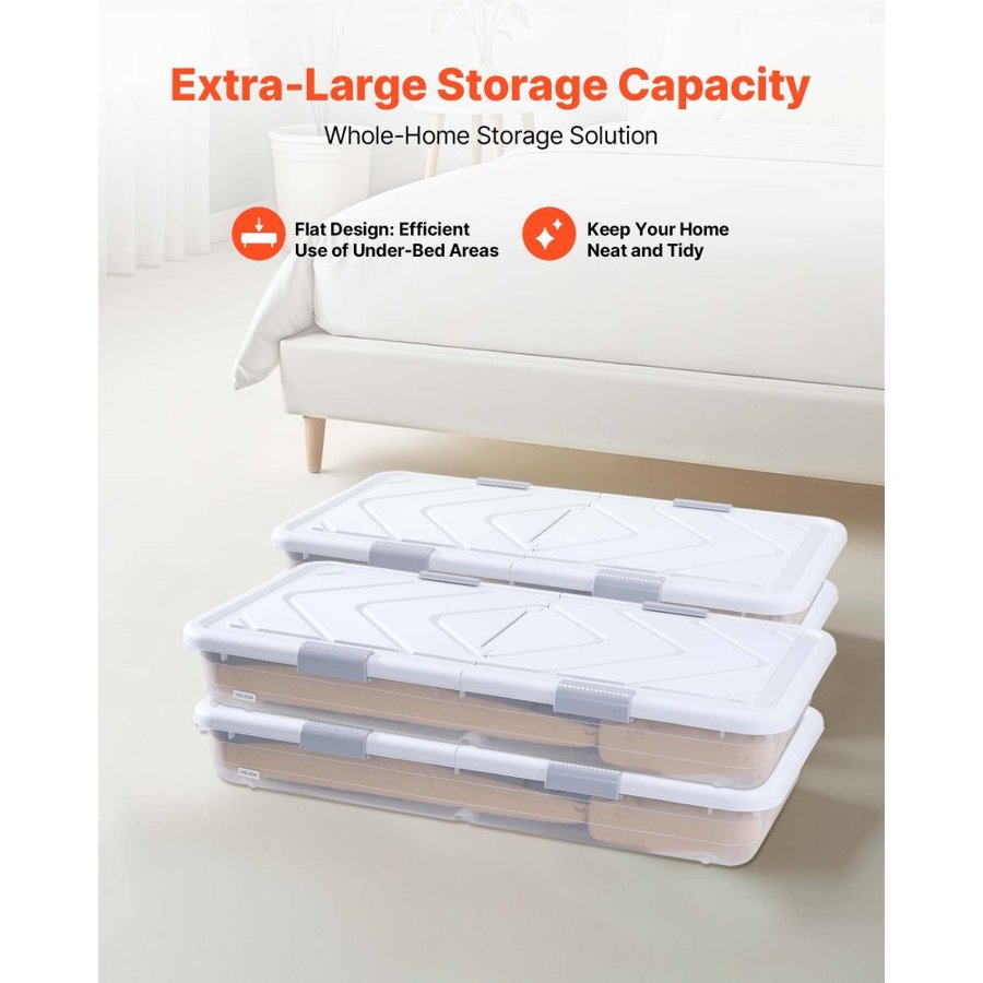 VEVOR Under Bed Storage with Wheels, 805 x 396 x 175 mm Underbed Containers, Underbed Shoes Organizer with Lid and Gray Latch, Rolling Under the Bed Storage Bins for Clothes Shoes Blankets, 4 Pack