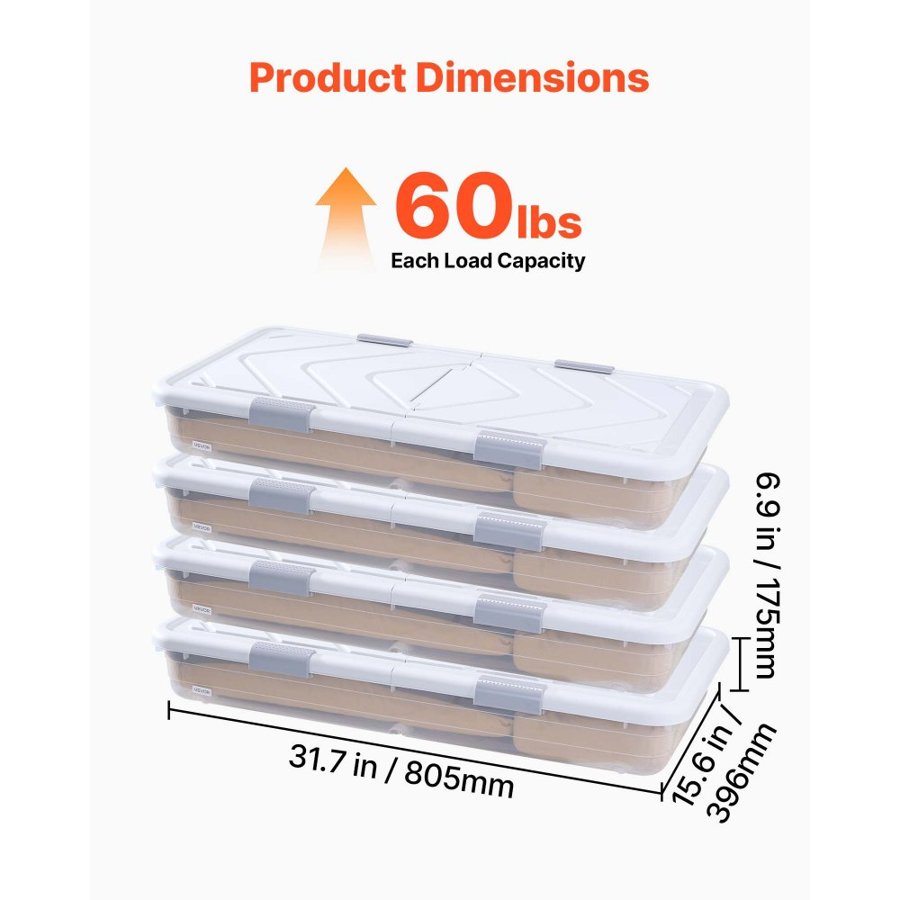 VEVOR Under Bed Storage with Wheels, 805 x 396 x 175 mm Underbed Containers, Underbed Shoes Organizer with Lid and Gray Latch, Rolling Under the Bed Storage Bins for Clothes Shoes Blankets, 4 Pack