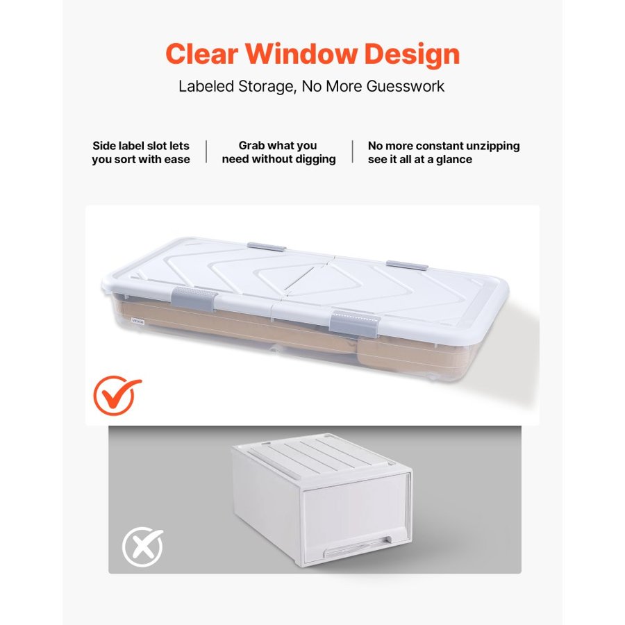 VEVOR Under Bed Storage with Wheels, 805 x 396 x 175 mm Underbed Containers, Underbed Shoes Organizer with Lid and Gray Latch, Rolling Under the Bed Storage Bins for Clothes Shoes Blankets, 4 Pack