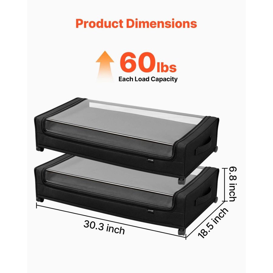 VEVOR Under Bed Storage with Wheels, 770 x 470 x 173 mm, Underbed Containers with Clear Lid, Underbed Shoe Organizer, Rolling Under the Bed Storage Bins for Clothes, Shoes, Blankets, Bedroom, 2 Pack