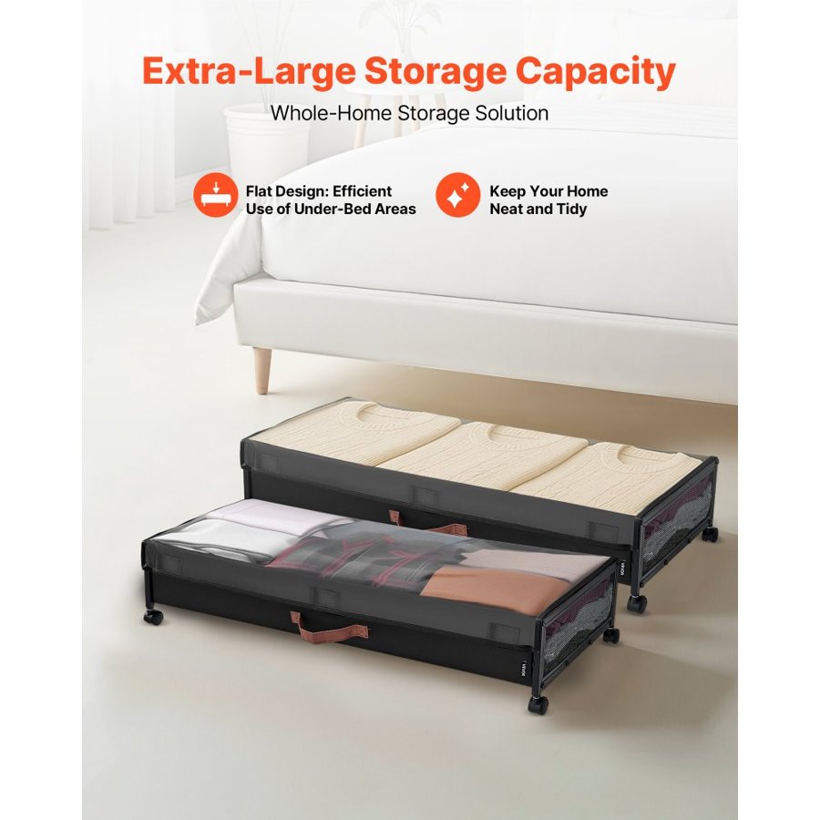 VEVOR Under Bed Storage with Wheels, 915 x 460 x 185 mm, Underbed Containers with Clear Lid, Underbed Shoe Organizer, Rolling Under the Bed Storage Bins for Clothes, Shoes, Blankets, Bedroom, 2 Pack