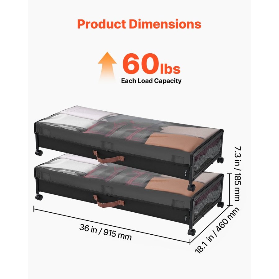 VEVOR Under Bed Storage with Wheels, 915 x 460 x 185 mm, Underbed Containers with Clear Lid, Underbed Shoe Organizer, Rolling Under the Bed Storage Bins for Clothes, Shoes, Blankets, Bedroom, 2 Pack