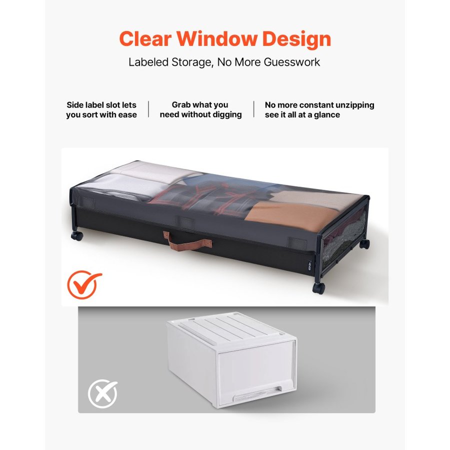 VEVOR Under Bed Storage with Wheels, 915 x 460 x 185 mm, Underbed Containers with Clear Lid, Underbed Shoe Organizer, Rolling Under the Bed Storage Bins for Clothes, Shoes, Blankets, Bedroom, 2 Pack