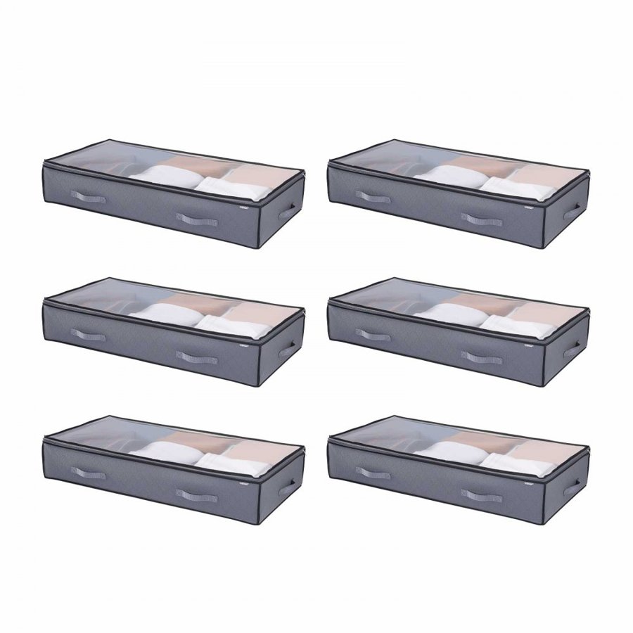 VEVOR Under Bed Storage with Clear Lids, 996 x 500 x 180 mm, 90L Large Underbed Clothes Storage Containers, Low Profile Under Bed Drawer Shoe Organizer Bins Box for Blanket Shoe Bedroom, 6 Pack