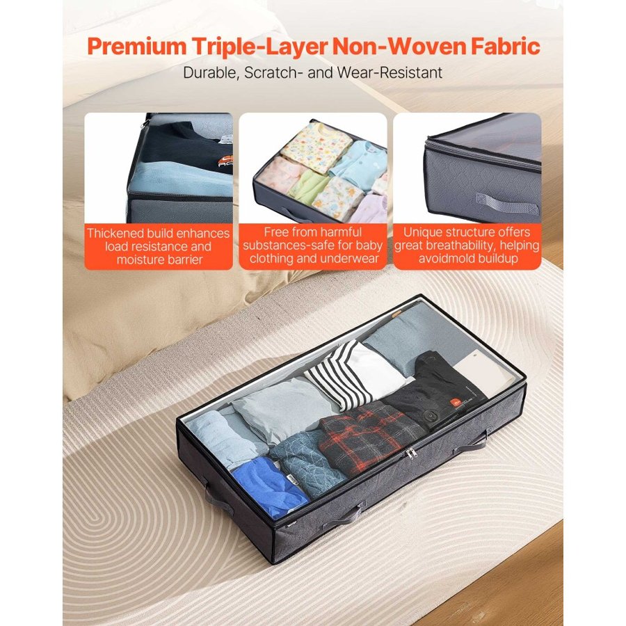 VEVOR Under Bed Storage with Clear Lids, 996 x 500 x 180 mm, 90L Large Underbed Clothes Storage Containers, Low Profile Under Bed Drawer Shoe Organizer Bins Box for Blanket Shoe Bedroom, 6 Pack