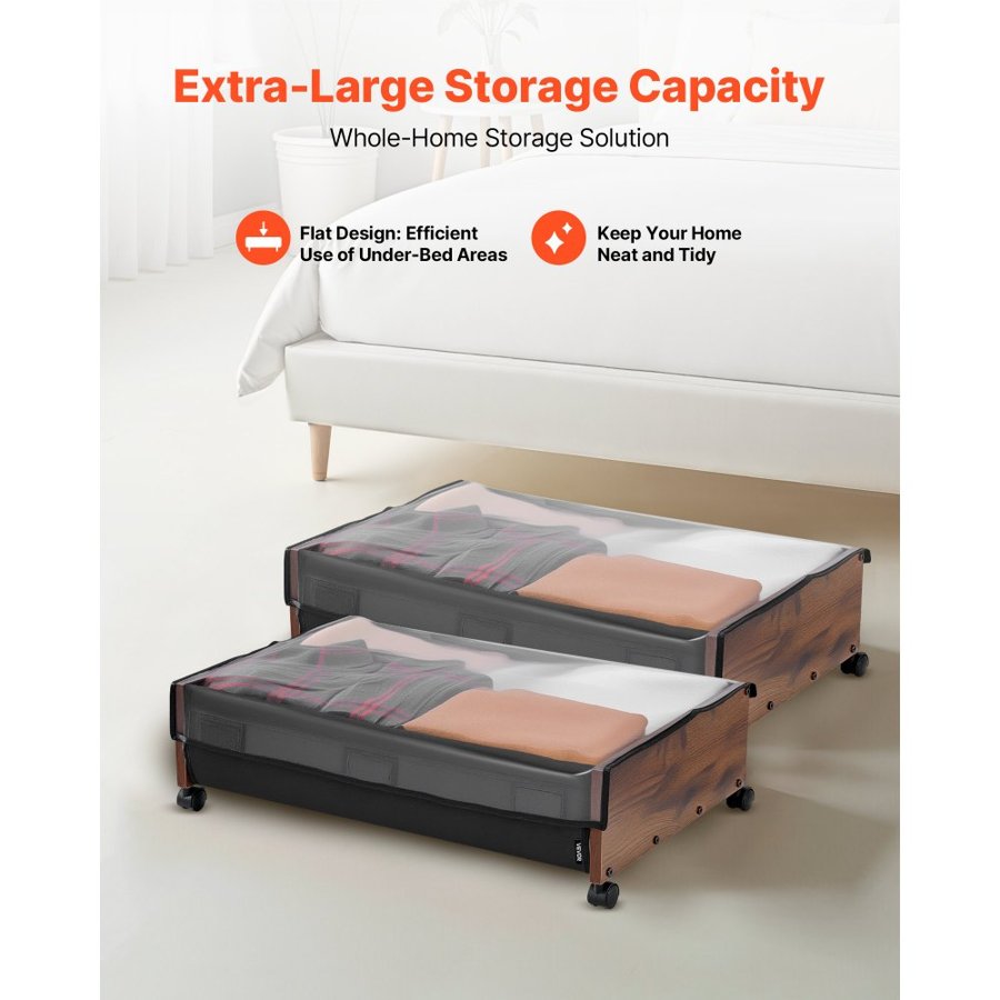 VEVOR Under Bed Storage with Wheels, 650 x 460 x 180 mm Underbed Containers, Underbed Shoes Organizer with Lockable Wheels, Rolling Under the Bed Storage Bins for Clothes, Shoes, Blankets, 2 Pack