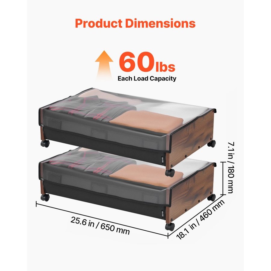 VEVOR Under Bed Storage with Wheels, 650 x 460 x 180 mm Underbed Containers, Underbed Shoes Organizer with Lockable Wheels, Rolling Under the Bed Storage Bins for Clothes, Shoes, Blankets, 2 Pack