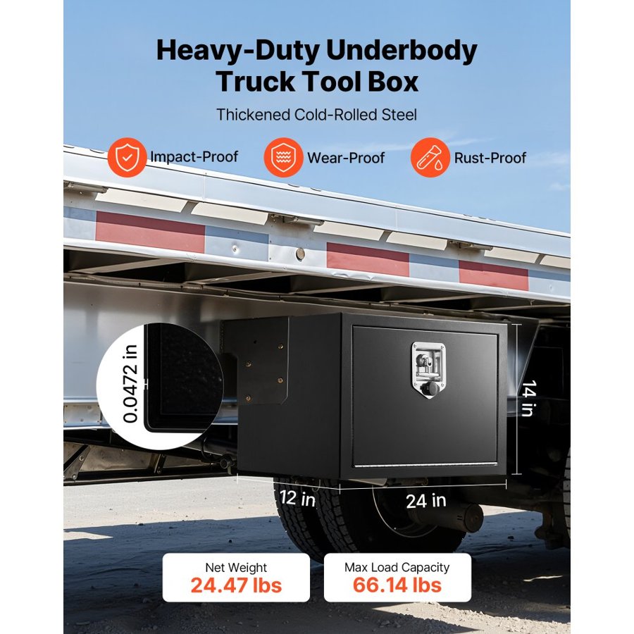 VEVOR Underbody Truck Tool Box, 609 x 305 x 356 mm Heavy Duty Steel Trailer Storage Box with Lock & Keys, Waterproof Trailer Storage Organizer Under Body Chest with T-Handle for Truck, Van, SUV, Black