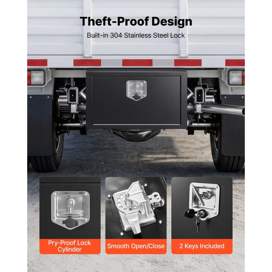VEVOR Underbody Truck Tool Box, 609 x 305 x 356 mm Heavy Duty Steel Trailer Storage Box with Lock & Keys, Waterproof Trailer Storage Organizer Under Body Chest with T-Handle for Truck, Van, SUV, Black