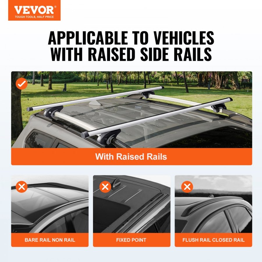 VEVOR Universal Roof Rack Cross Bars, 137.2cm Aluminum Roof Rack Crossbars, Fit Existing Raised Side Rail with Gap, 90.7kg Load Capacity, Adjustable Crossbars with Locks, for SUVs, Sedans, and Vans