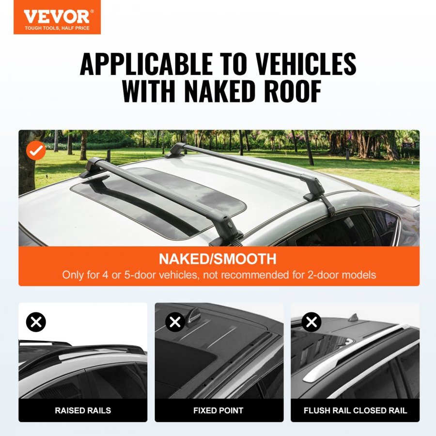 VEVOR Universal Roof Rack Cross Bars, Aluminum Roof Rack Crossbars, Fit Roof without Side Rail, 70.3 kg Load Capacity, Adjustable Bare Roof Crossbars with Locks, for SUVs, Sedans, and Vans