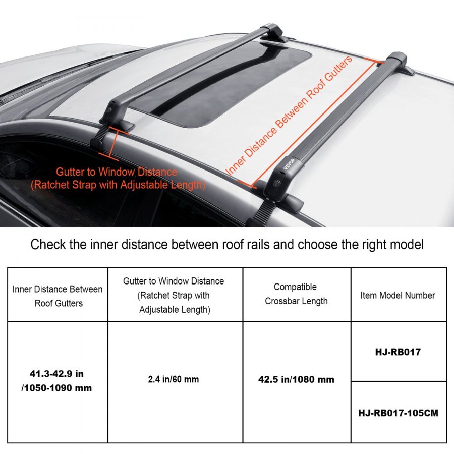 VEVOR Universal Roof Rack Cross Bars, Aluminum Roof Rack Crossbars, Fit Roof without Side Rail, 70.3 kg Load Capacity, Adjustable Bare Roof Crossbars with Locks, for SUVs, Sedans, and Vans