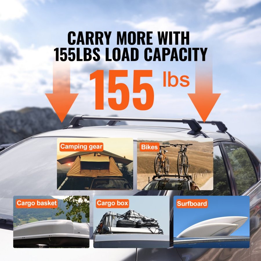 VEVOR Universal Roof Rack Cross Bars, Aluminum Roof Rack Crossbars, Fit Roof without Side Rail, 70.3 kg Load Capacity, Adjustable Bare Roof Crossbars with Locks, for SUVs, Sedans, and Vans