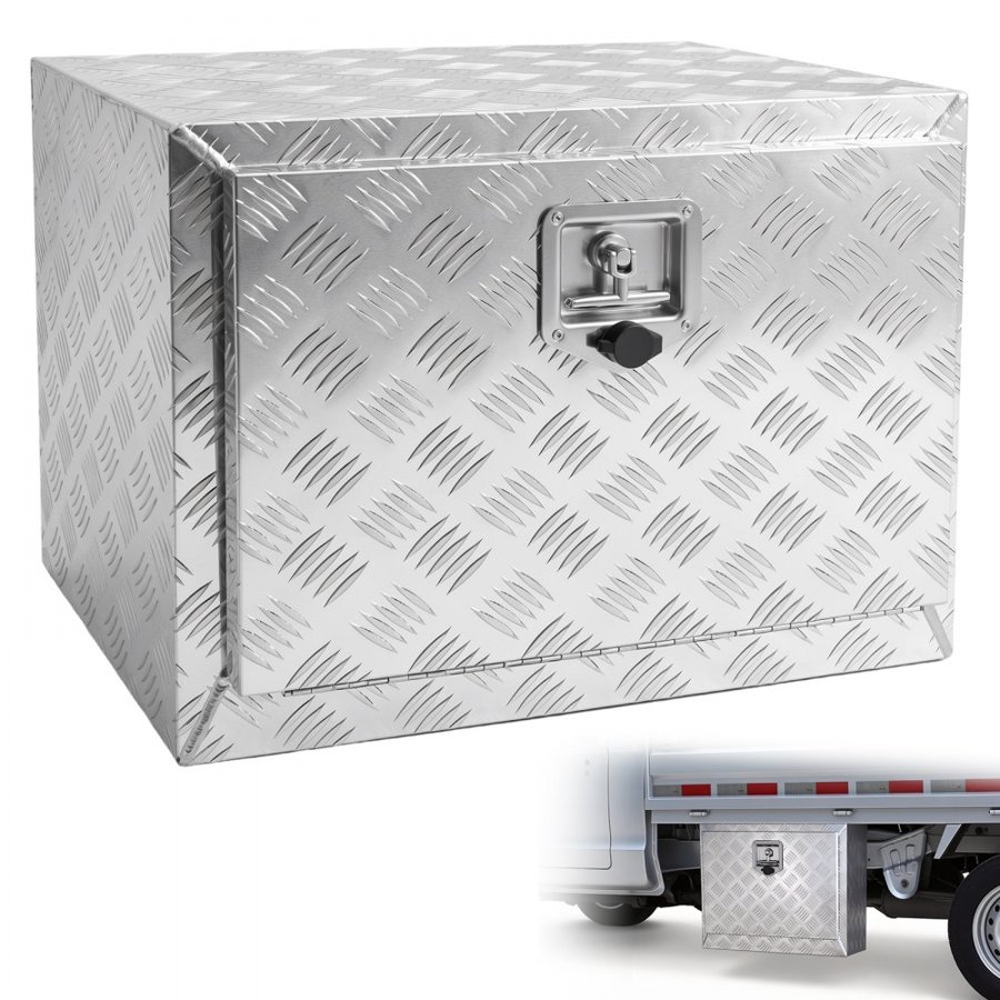 VEVOR Underbody Truck Box, 61 x 35.6 x 40.6 cm Pickup Storage Box, Heavy Duty Aluminum Diamond Plate Tool Box with Lock and Keys, Waterproof Trailer Storage Box with T-Handle Latch for Truck, Van, Trailer