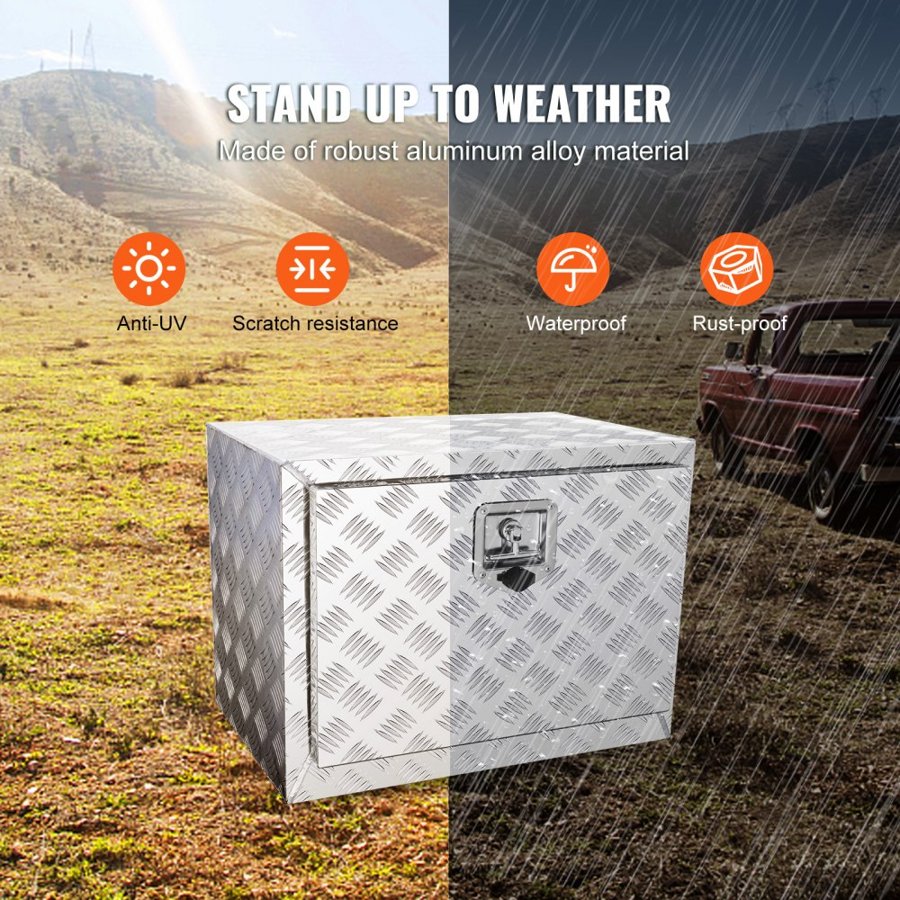 VEVOR Underbody Truck Box, 61 x 35.6 x 40.6 cm Pickup Storage Box, Heavy Duty Aluminum Diamond Plate Tool Box with Lock and Keys, Waterproof Trailer Storage Box with T-Handle Latch for Truck, Van, Trailer