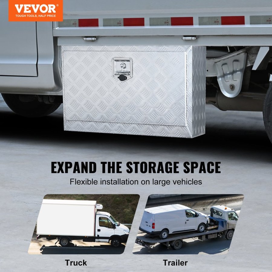 VEVOR Underbody Truck Box, 760×355×405 mm Pickup Storage Box, Heavy Duty Aluminum Diamond Plate Tool Box with Lock and Keys, Waterproof Trailer Storage Box with T-Handle Latch for Truck, Van, Trailer