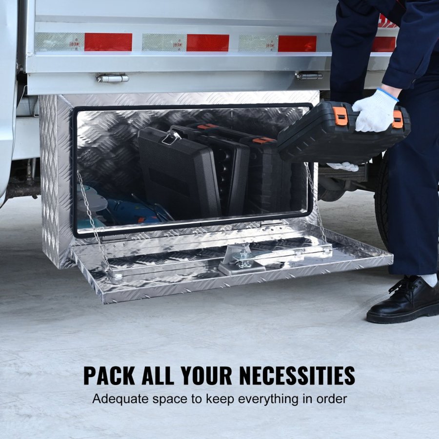 VEVOR Underbody Truck Box, 760×355×405 mm Pickup Storage Box, Heavy Duty Aluminum Diamond Plate Tool Box with Lock and Keys, Waterproof Trailer Storage Box with T-Handle Latch for Truck, Van, Trailer