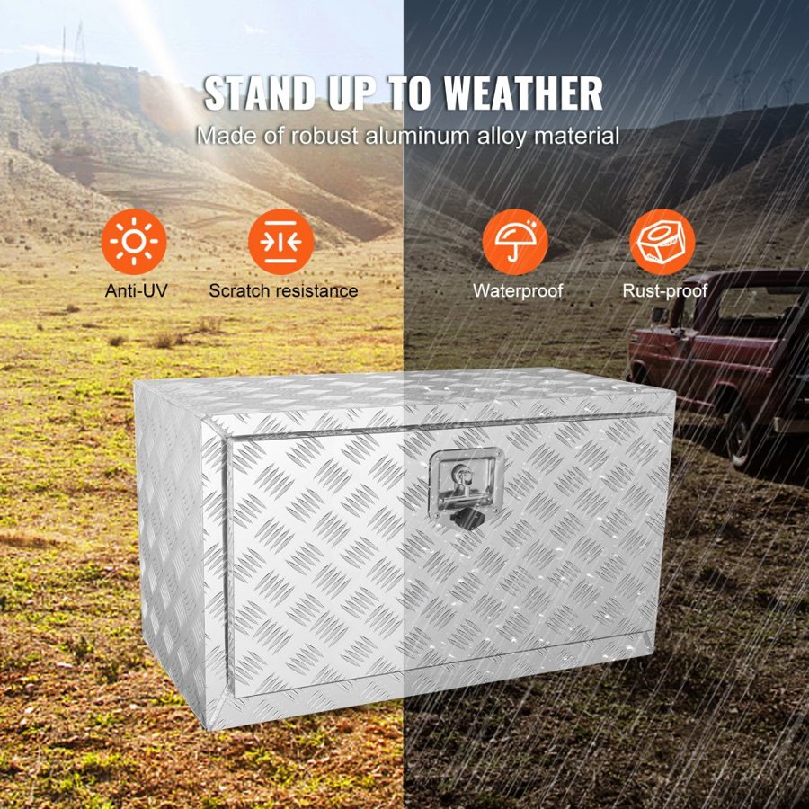 VEVOR Underbody Truck Box, 760×355×405 mm Pickup Storage Box, Heavy Duty Aluminum Diamond Plate Tool Box with Lock and Keys, Waterproof Trailer Storage Box with T-Handle Latch for Truck, Van, Trailer