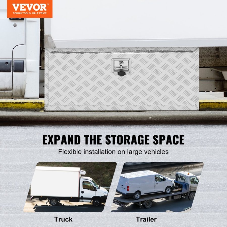 VEVOR Underbody Truck Box, 914 x 430 x 460 mm Pickup Storage Box, Heavy Duty Aluminum Diamond Plate Tool Box with Lock and Keys, Waterproof Trailer Storage Box with T-Handle Latch for Truck, Van, Trailer
