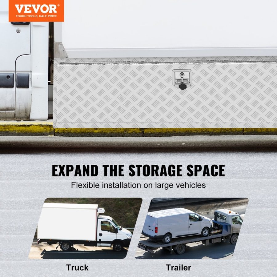 VEVOR Underbody Truck Box, 1524 x 610 x 610 mm Pickup Storage Box, Heavy Duty Aluminum Diamond Plate Tool Box with Lock and Keys, Waterproof Trailer Storage Box with T-Handle Latch for Truck, Van, Trailer