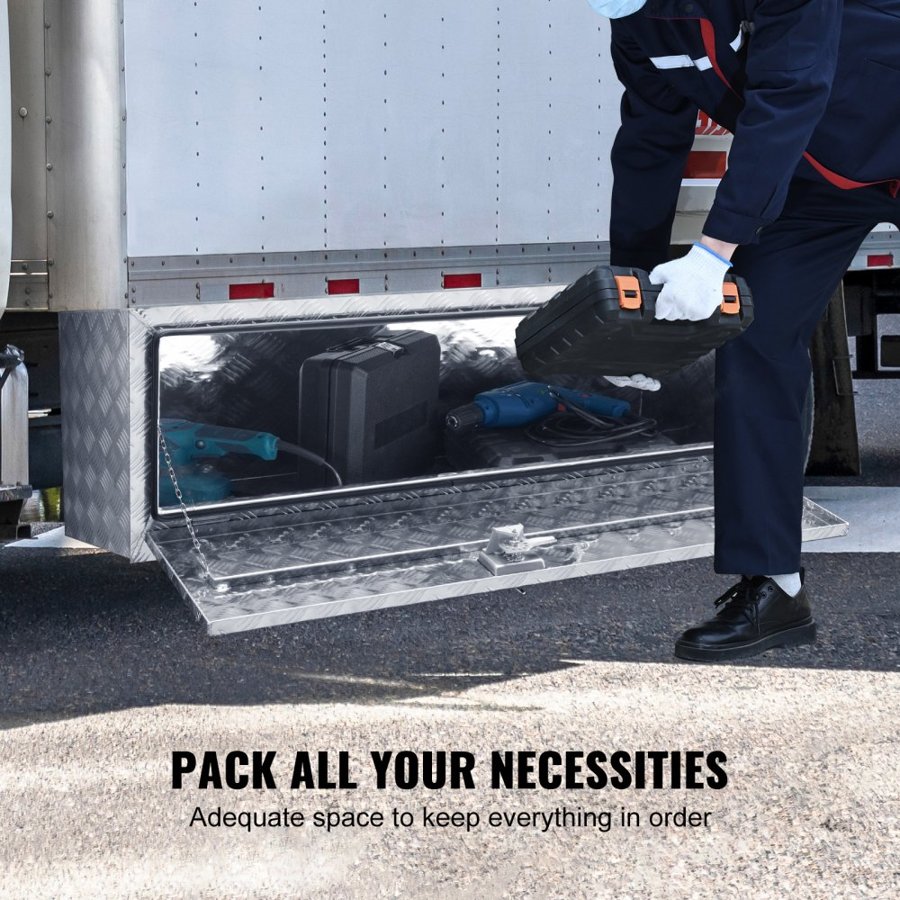 VEVOR Underbody Truck Box, 1524 x 610 x 610 mm Pickup Storage Box, Heavy Duty Aluminum Diamond Plate Tool Box with Lock and Keys, Waterproof Trailer Storage Box with T-Handle Latch for Truck, Van, Trailer
