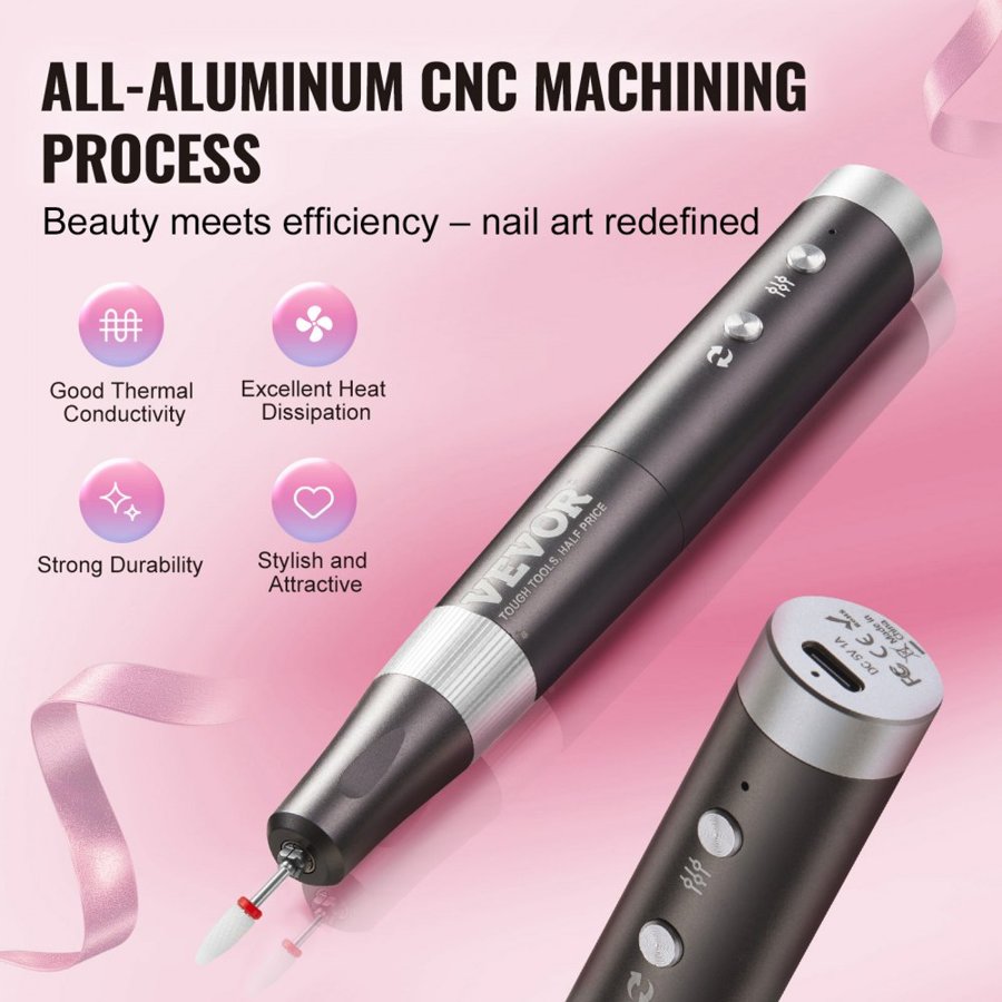 VEVOR Electric Cordless Nail Drill, 30,000RPM Variable-Speed Rechargeable Nail E File Machine, Portable Manicure Pedicure Polisher with 50PCS Sanding Bands for Dead Skin Removal, Nail Surface Smooth