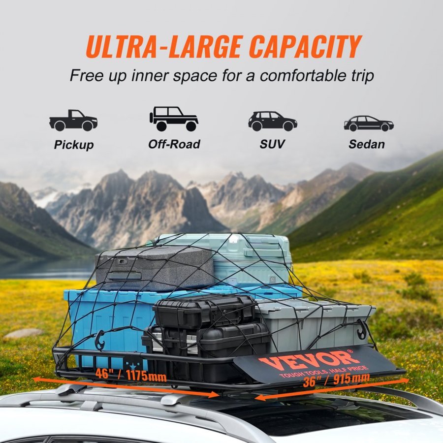 VEVOR Roof Rack Cargo Basket, 117.5 x 91.5 x 11.4 cm Rooftop Cargo Carrier, Heavy-duty 90.7 kg Capacity Universal Roof Rack Basket, Luggage Holder for SUV, Truck, Vehicle