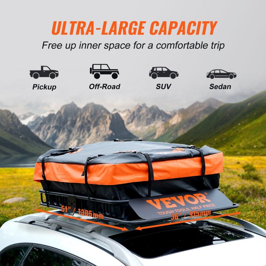 VEVOR Roof Rack Cargo Basket, 130.5 x 91.5 x 12.7 cm Rooftop Cargo Carrier w/ 15 Cu Ft Waterproof Cargo Bag, 90 kg Capacity Universal Rack Carrier for SUV, Truck
