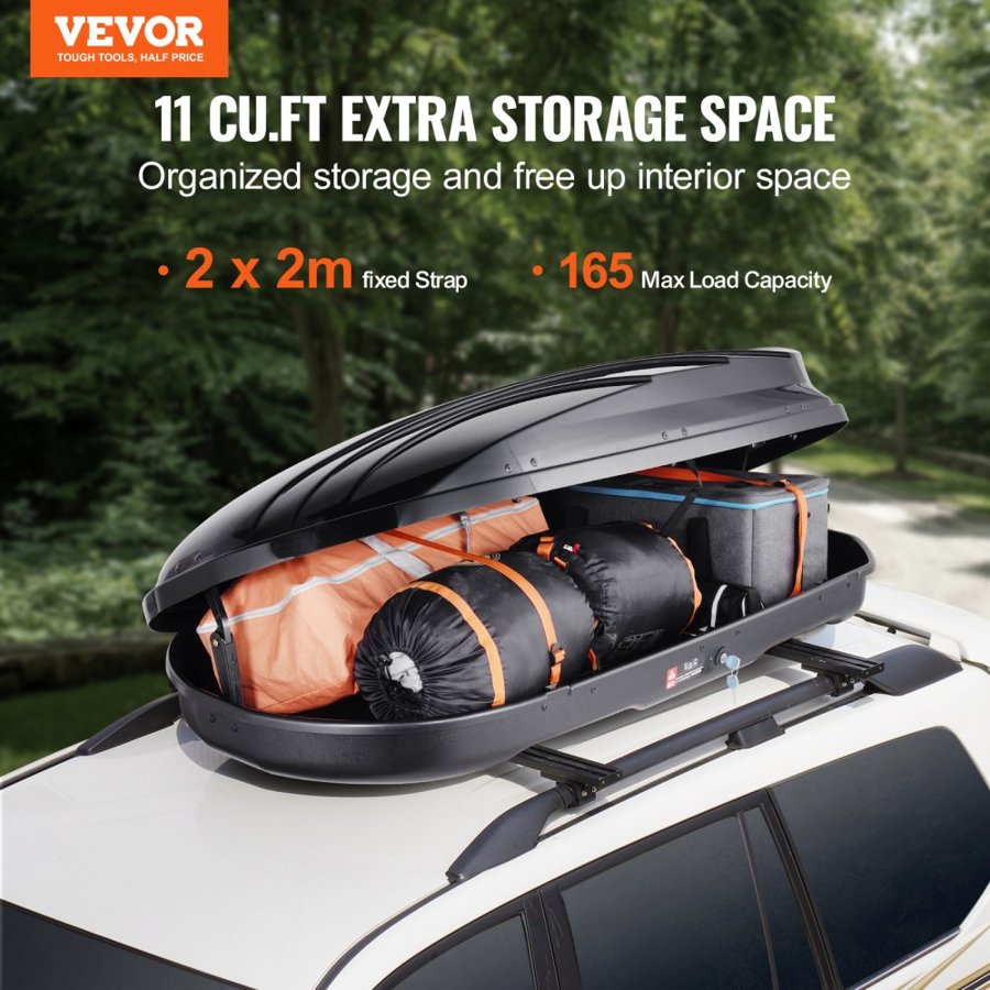 VEVOR Rooftop Cargo Carrier, 11 Cubic Feet Roof Cargo Box, ABS Hard Shell Roof Box, with Dual-Sided Opening and 2 Reinforced Straps, Aerodynamic, Suitable for most Crossbar, for Car, Wagon, SUV, Black