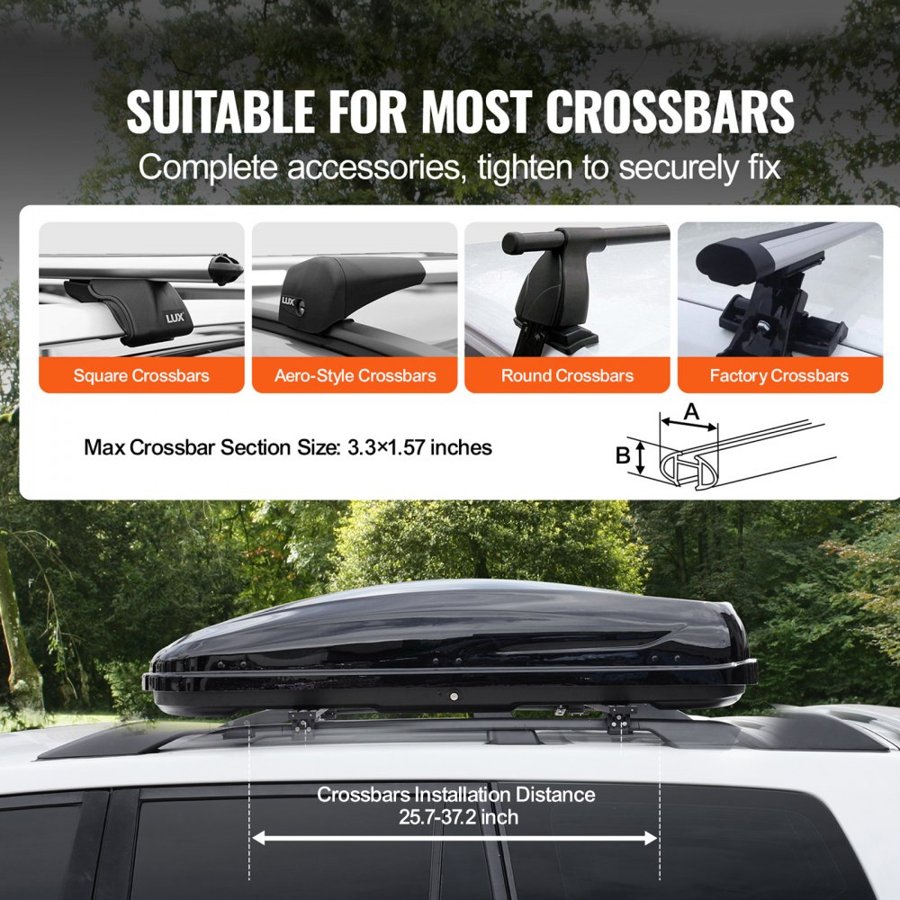 VEVOR Rooftop Cargo Carrier, 14 Cubic Feet Roof Cargo Box, ABS Hard Shell Roof Box, with Dual-Sided Opening and 2 Reinforced Straps, Aerodynamic, Suitable for most Crossbar, for Car, Wagon, SUV, Black