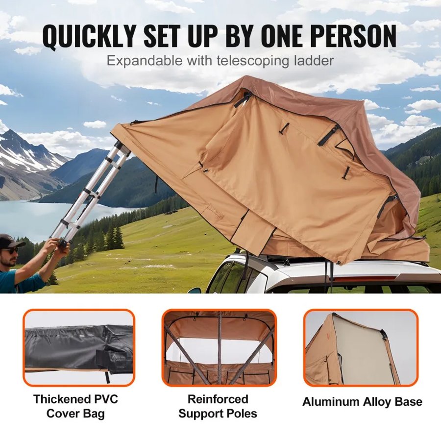 VEVOR Rooftop Tent Hard Shell, Naturnest Rooftop Tent Hardshell for 2-3 Person, Folding Hard Shell Roof Top Tent with Telescopic Ladder Mattress PVC Cover Bag, Waterproof for Jeep SUV Van Pickup Truck