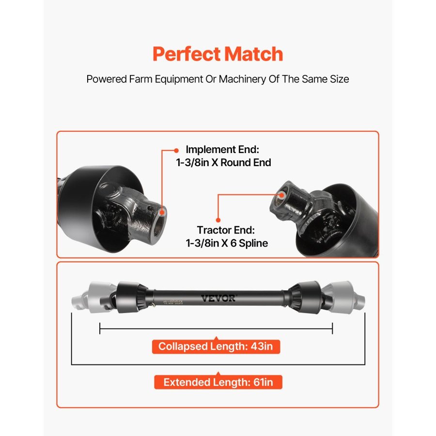 VEVOR PTO Shaft PTO Drive Shaft 1-3/8" x 6 Spline Ends Round End T4 43"-61"