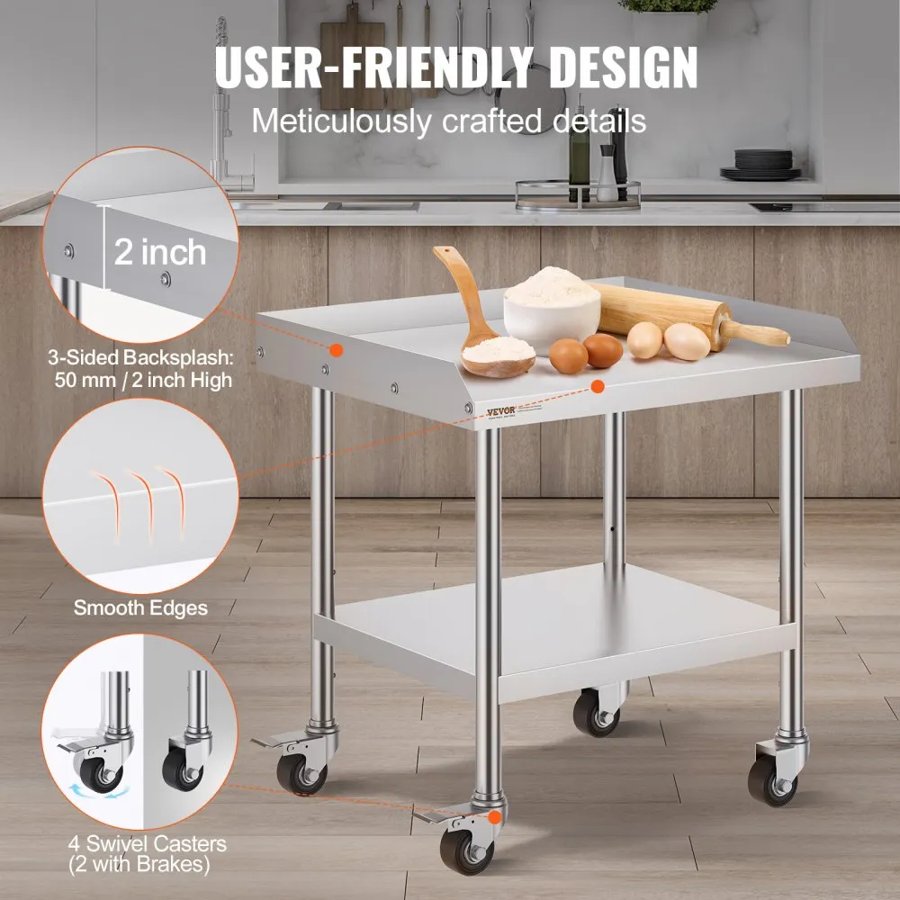 VEVOR Stainless Steel Work Table 61x71.1 cm Commercial Food Prep Table W/ 4 Casters