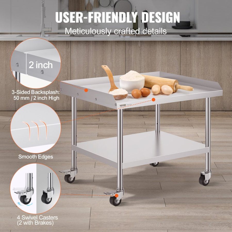 VEVOR Stainless Steel Work Table 76.2x91.4 cm Commercial Food Prep Table W/ 4 Casters