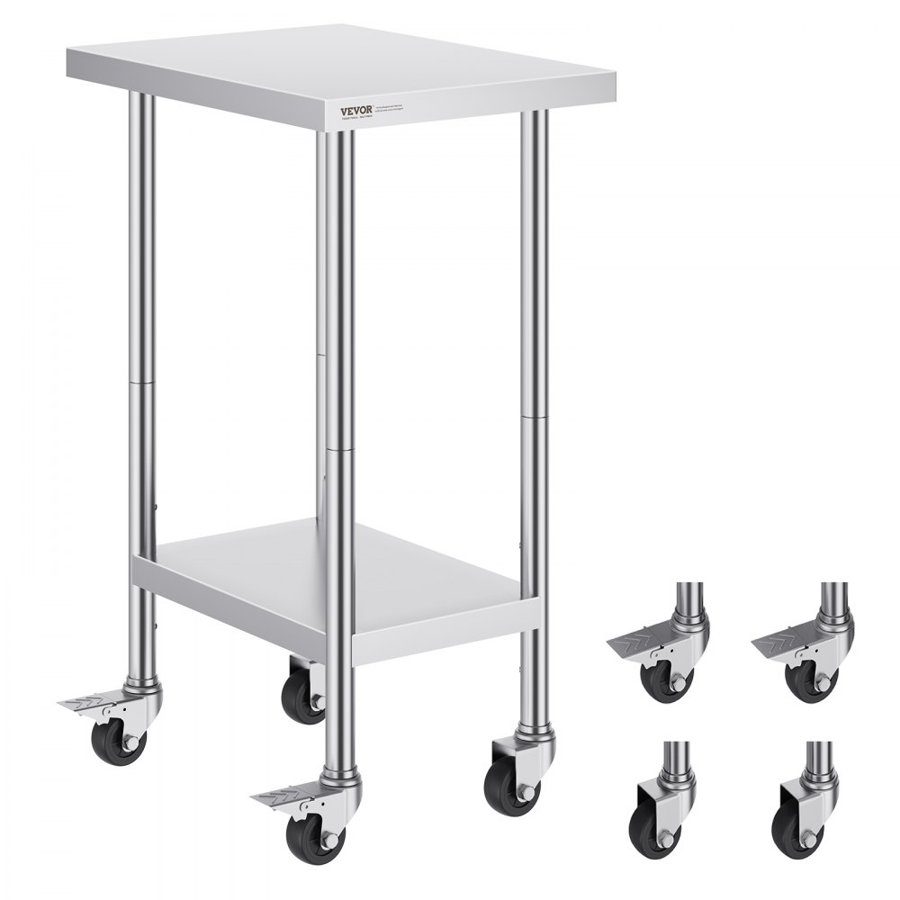 VEVOR Stainless Steel Work Table 24 x 18 x 38 Inch, with 4 Wheels, 3 Adjustable Height Levels, Heavy Duty Food Prep Worktable for Commercial Kitchen Restaurant, Silver